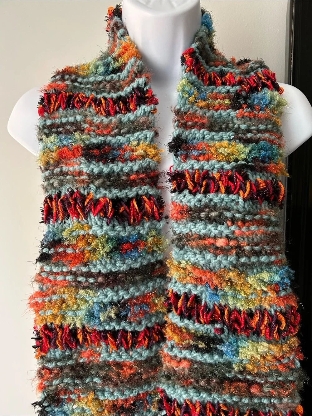 Handmade Multicolor Knit Scarf with Teal and Rust Accents